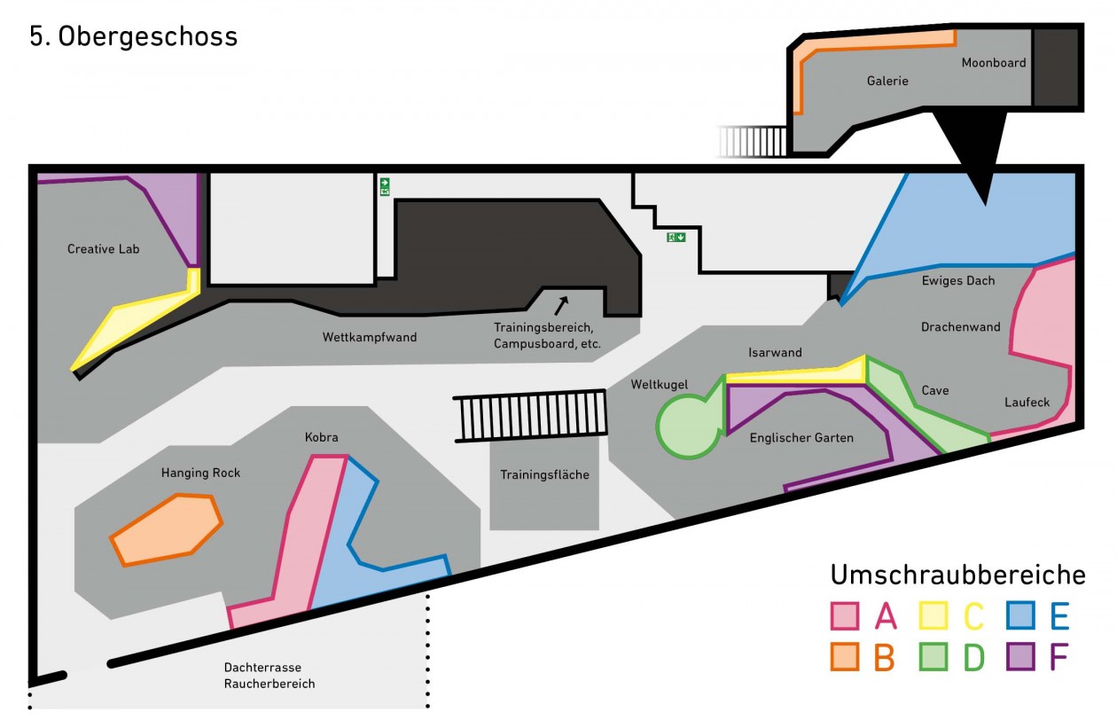 Hallenplan der Boulderwelt München Ost mit den einzelnen Umschraubbereichen im Parcoursbereich