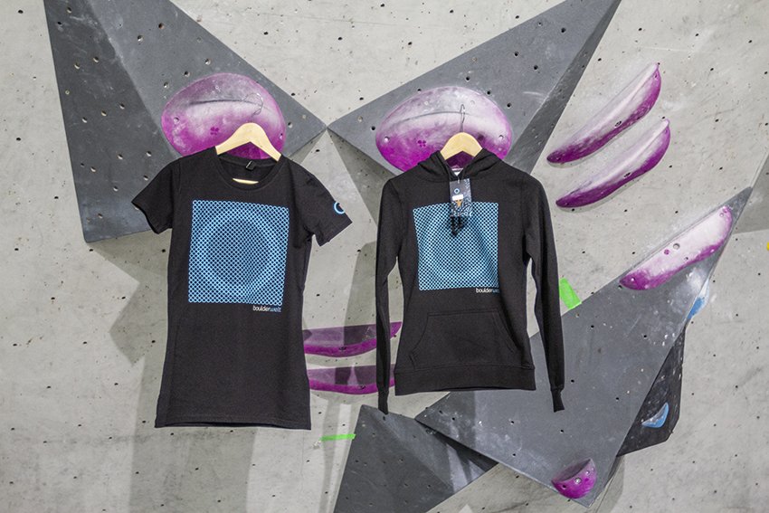 Unsere Boulderwelt Produkte wie das Shirt und der Hoody der Retro Produktreihe aus unserem Shop