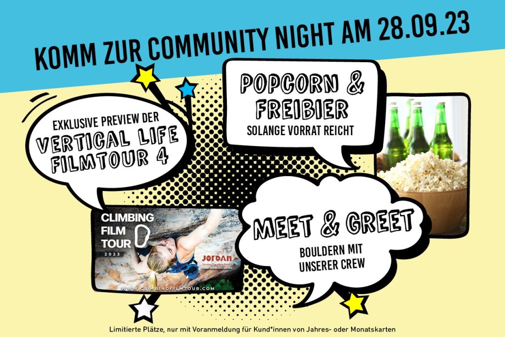 Sichere Dir einen Platz fürs Communityevent am Do, 28.09.23 in der Boulderwelt München Ost und sehe gratis die Preview der Vertical Life Filmtour 4 